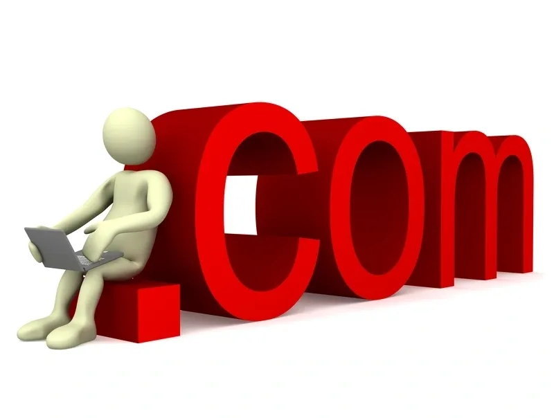 3D character sitting by .com letters