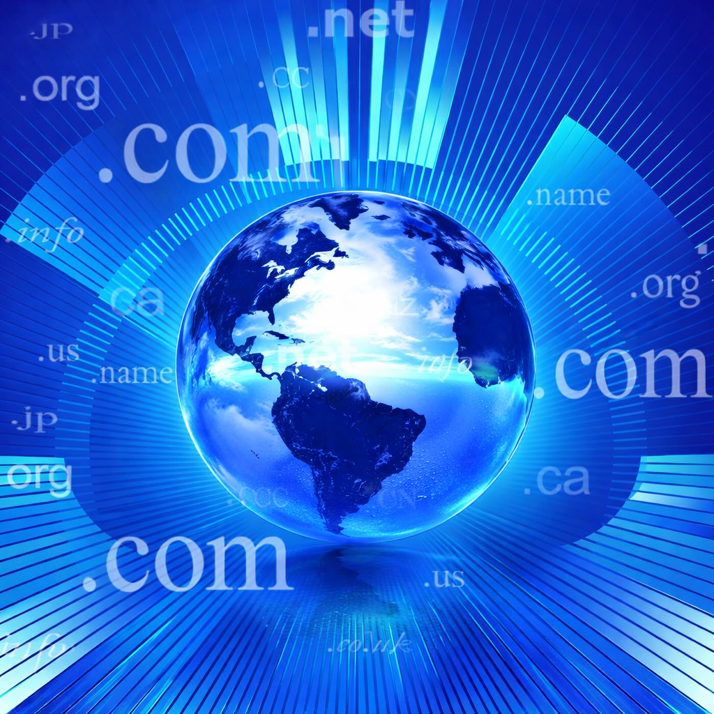 Blue globe with floating domain extensions